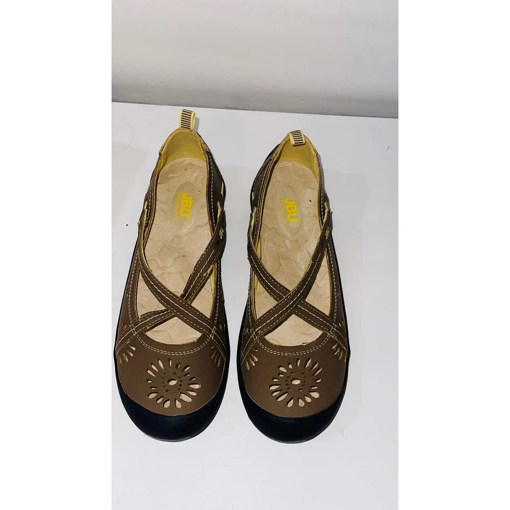 JBU Women Tessy Mary Jane Flat 9 Tobacco Brown Floral Laser Cut Comfort Shoe